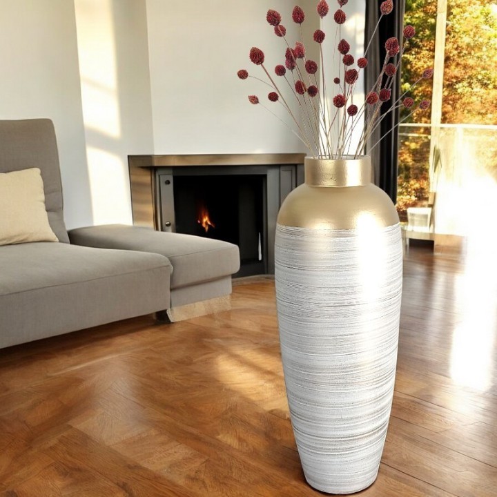 Grande vaso di terracotta bianco e oro