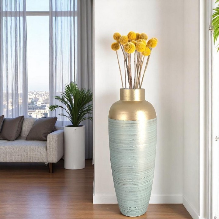 Lange Vase pastellgrüne und goldene Keramik
