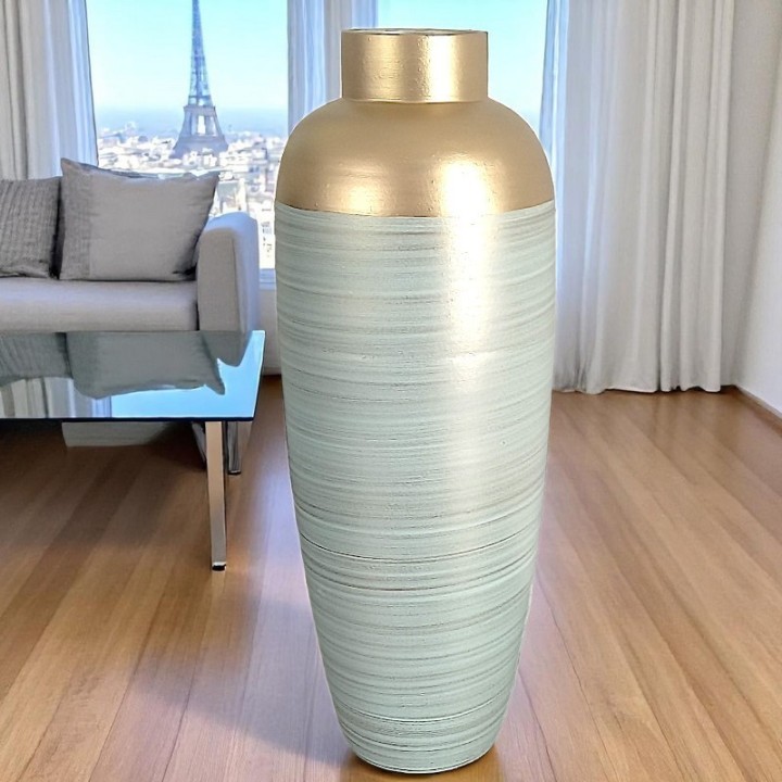 Lange Vase pastellgrüne und goldene Keramik