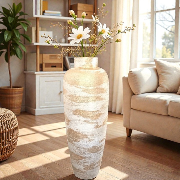 Vaso da pavimento moderno artigianale portoghese dorato e bianco