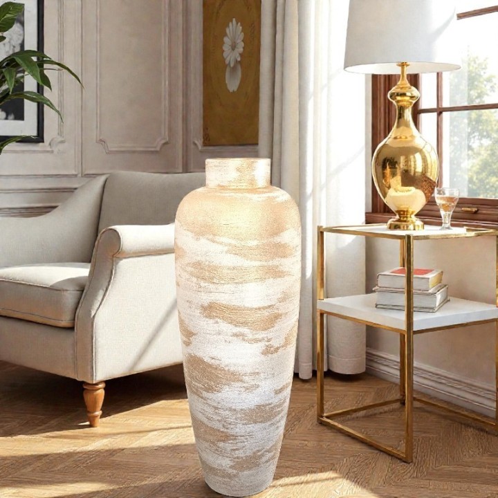 Vase de sol moderne artisanal portugais doré et blanc exclusif