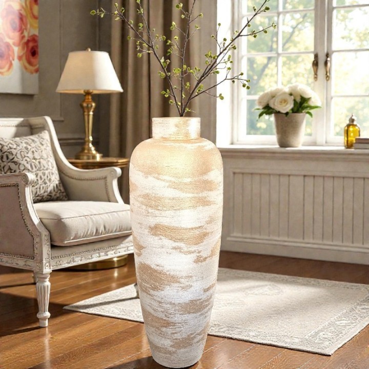 Vase de sol moderne artisanal portugais doré et blanc exclusif