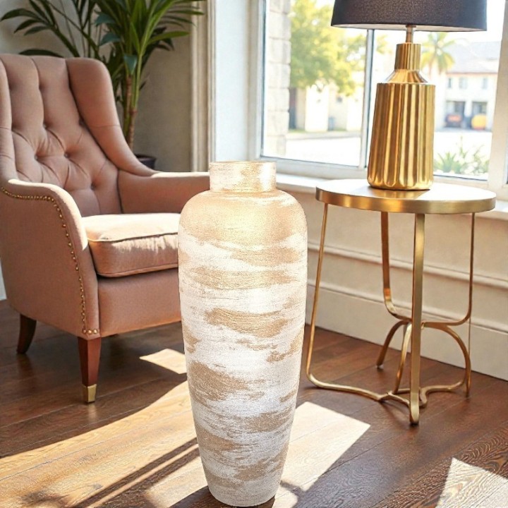 Vaso da pavimento moderno artigianale portoghese dorato e bianco