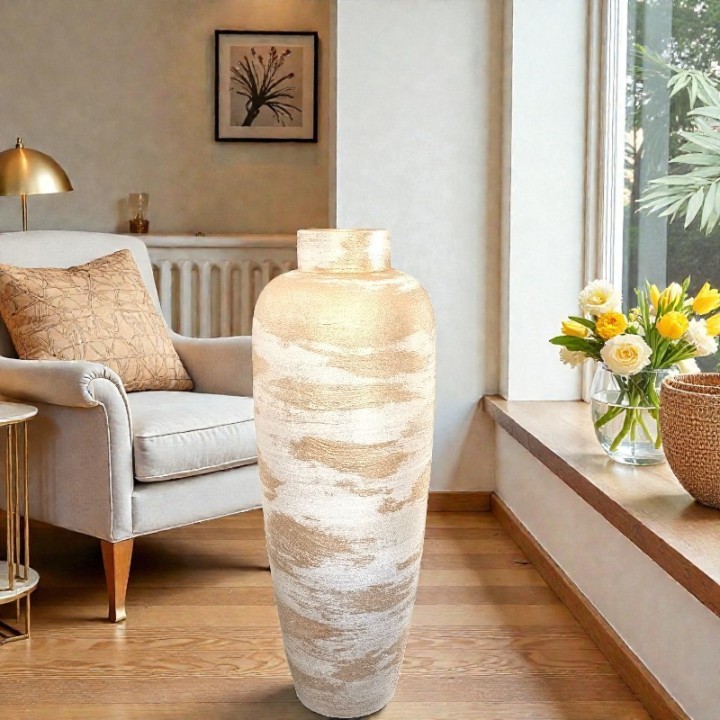 Modern handcrafted Portuguese floor vase in gold and white design