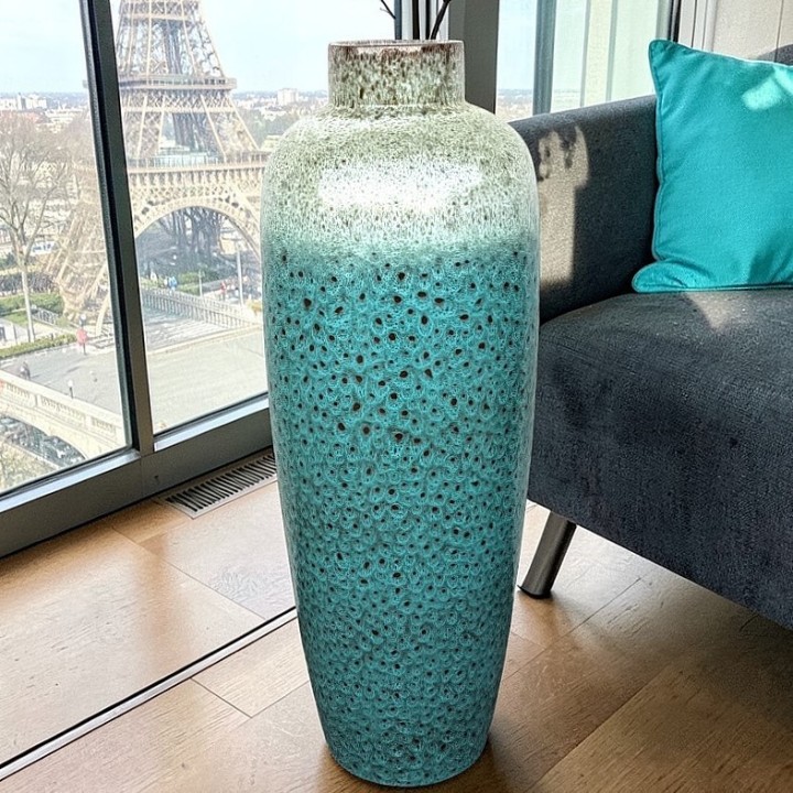 Jarrão de Luxo Turquesa e Branco em Terracota – 70cm (Edição Limitada)