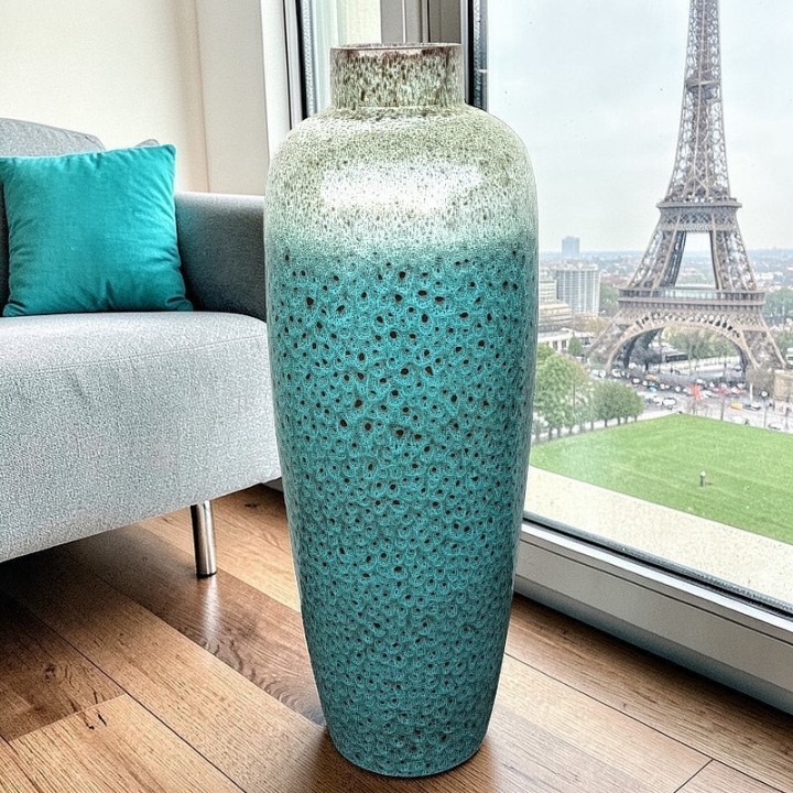 Vase de Luxe Turquoise et Blanc en Terre Cuite – 70cm (Édition Limitée)