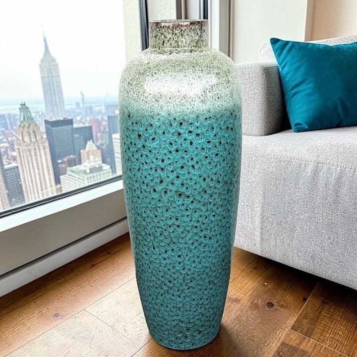 Jarrão de Luxo Turquesa e Branco em Terracota – 70cm (Edição Limitada)