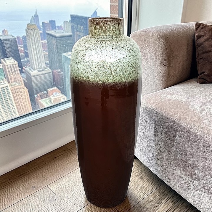 Contemporary Glazed Terracotta Floor Vase - Brown & Granite (70cm)