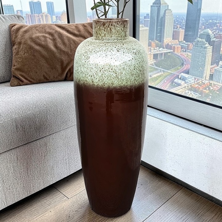 Vaso da Terra Contemporaneo in Terracotta Smaltata - Marrone e Granito (70cm)