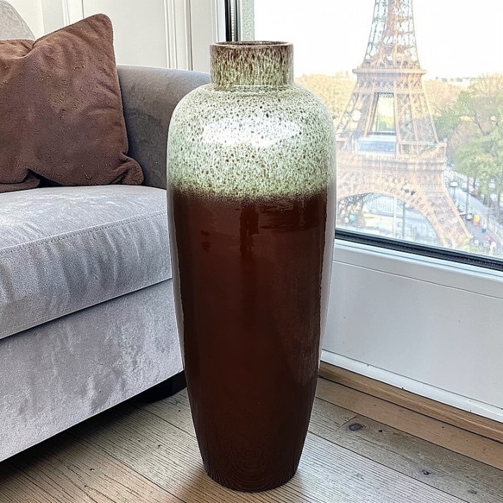 Moderne Bodenvase aus glasierter Terrakotta - Braun & Granit-Optik (70cm)