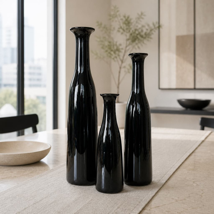 Detail of thin black glazed ceramic vases