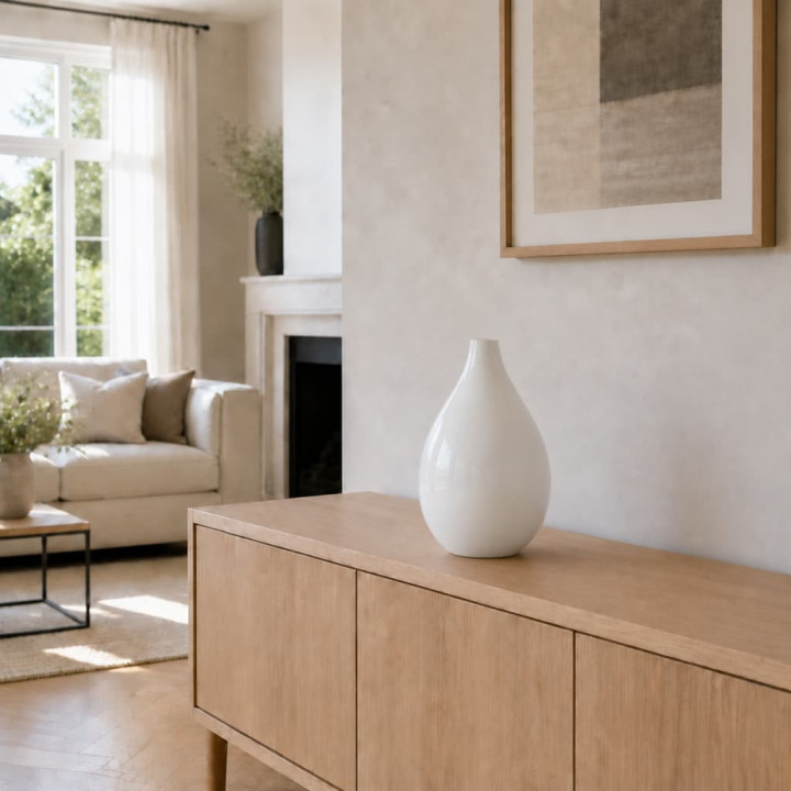 Vase ballon blanc sur buffet du salon