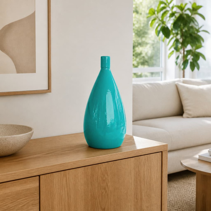 Vase à bec turquoise sur buffet du salon