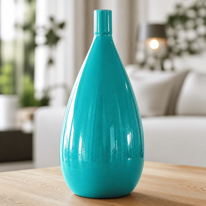 Vase à bec turquoise sur table basse du salon