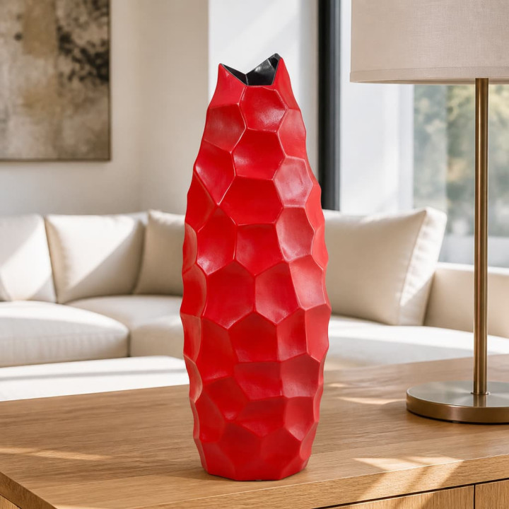 Red diamond vase on living room coffee table