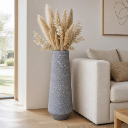 Grey 70cm engraved floor vase with pampas