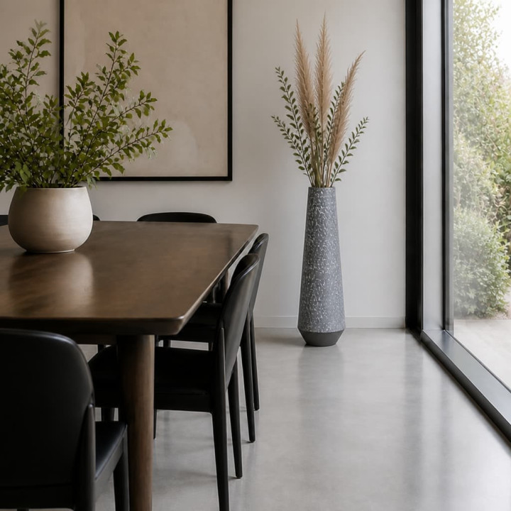 Vaso da terra grigio in sala da pranzo contemporanea