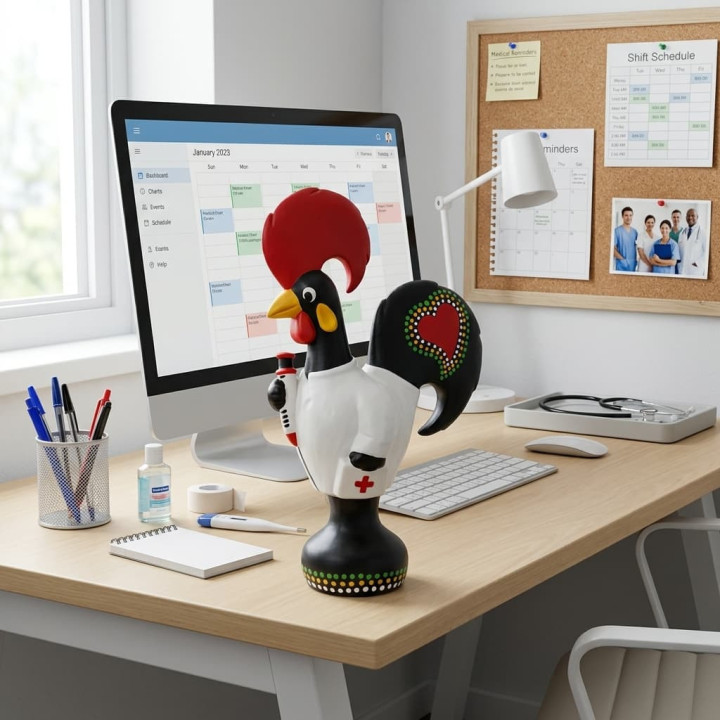 Galo de Barcelos enfermeiro em ceramica vista no consultório médico