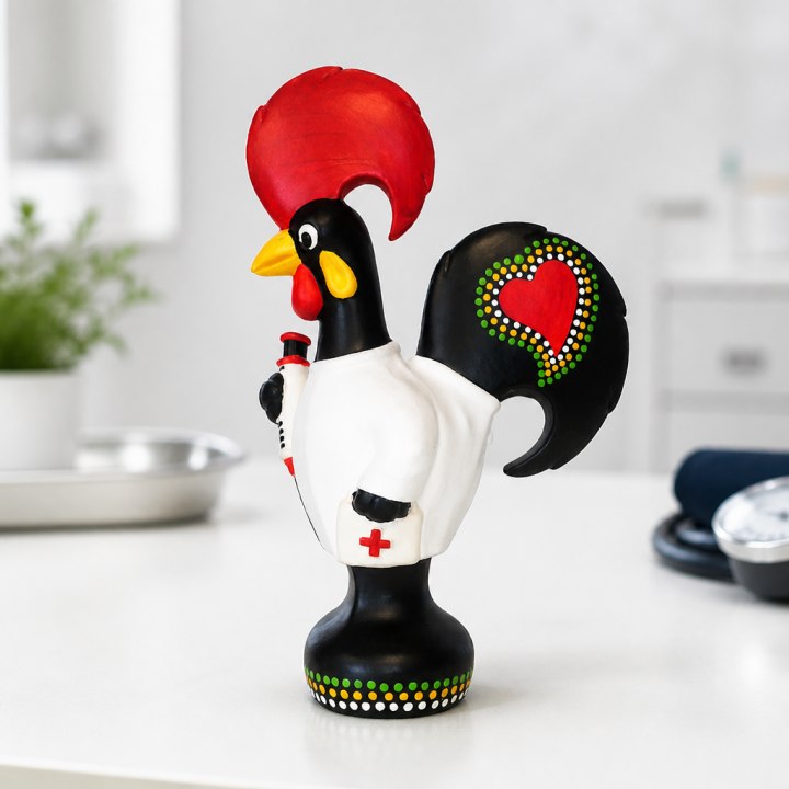 Galo de Barcelos enfermeiro ceramica em detalhe