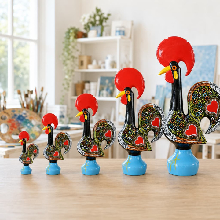Gallos de Barcelos negros de ceramica alineados vista frontal