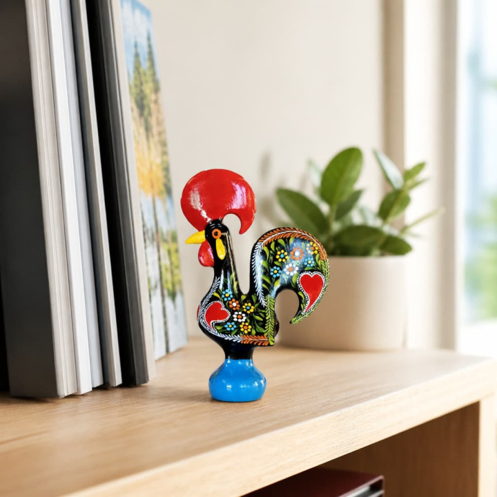 Gallo de Barcelos tradicional ceramica negra vista frontal