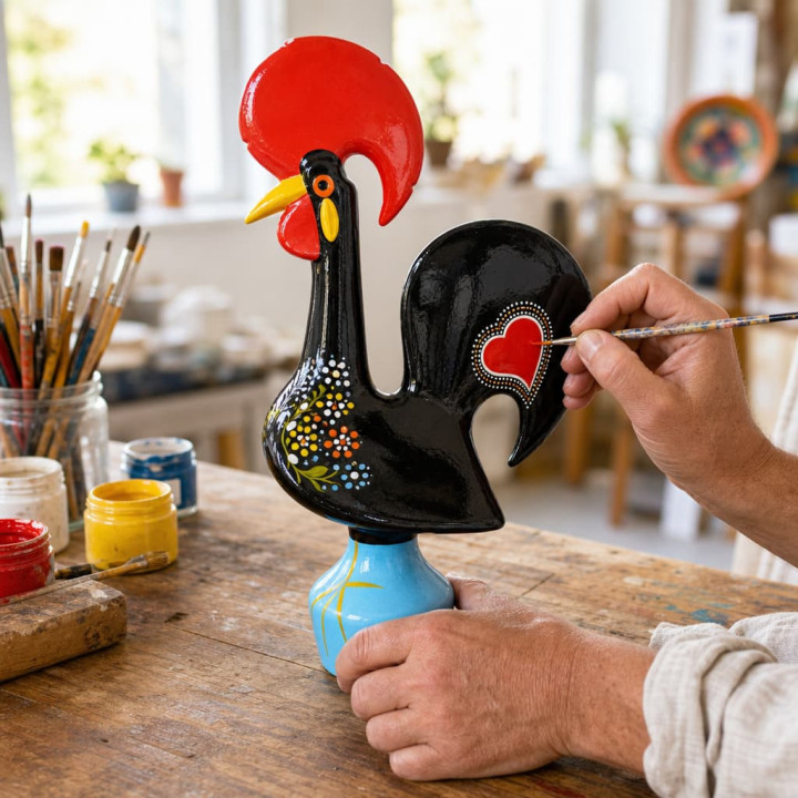 Gallo di Barcelos ceramica dipinto a mano da un artigiano