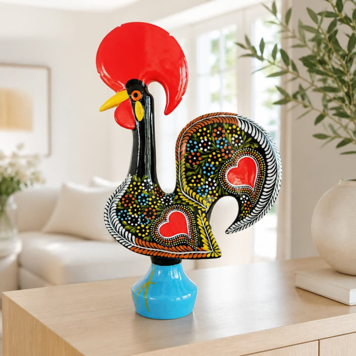 Galo de Barcelos tradicional preto cerâmica vista de perfil