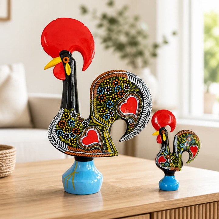 Gallo de Barcelos tradicional vista grande y pequeña talla
