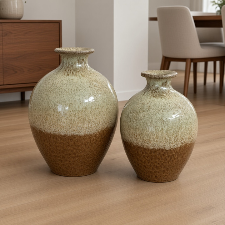 Dos jarrones decorativos de ceramica beige y marron vista frontal