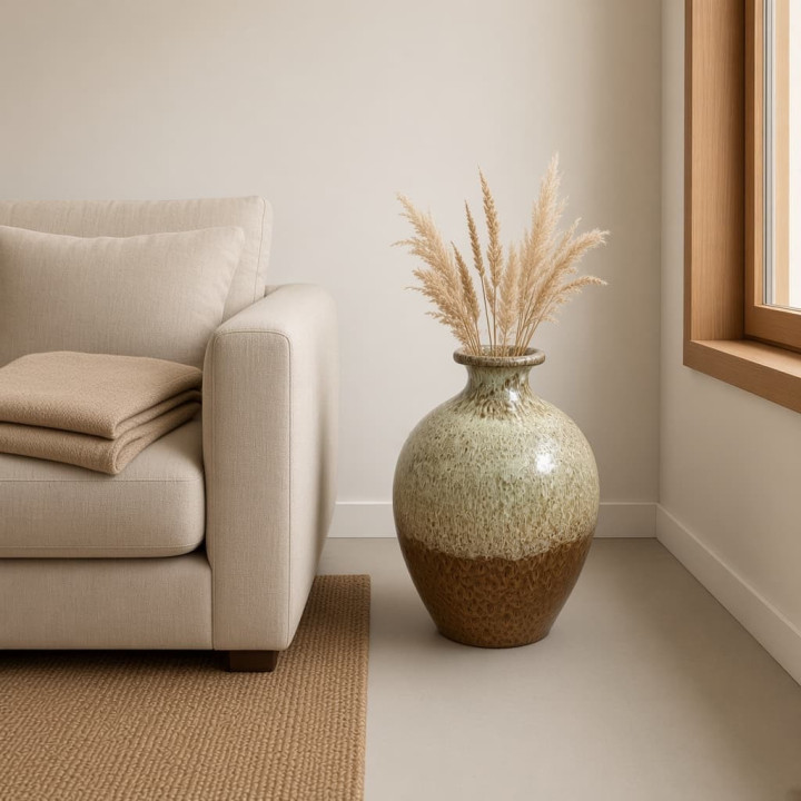 Large green and brown reactive glaze terracotta vase detail