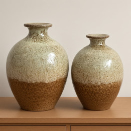 Terracotta vase set reactive glaze beige brown display