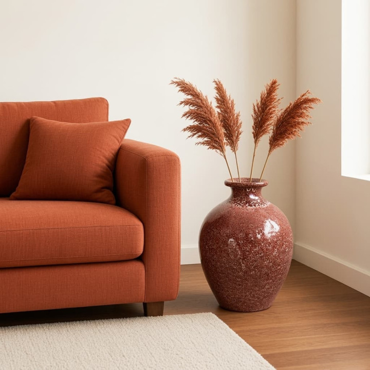 Jarrão terracota vidrado reativo com plumas vista ambiente