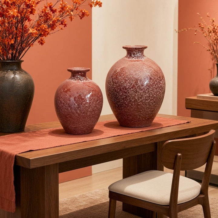 Jarras terracota com vidrado reativo avermelhado - conjunto de jarras