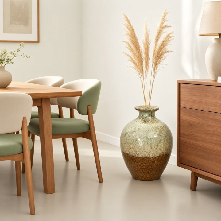 Grosse Tonvase reaktive Glasur gruen braun Ansicht Esszimmer