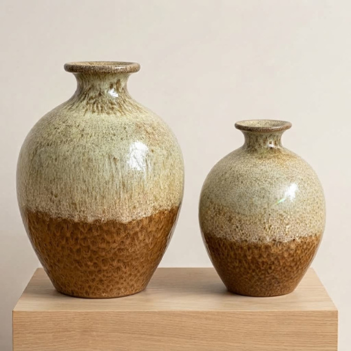 Conjunto de jarrones terracota esmalte reactivo verde frontal