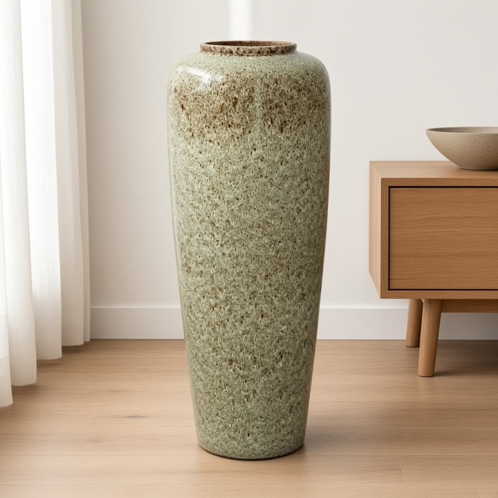 Glazed ceramic floor vase olive and beige front view