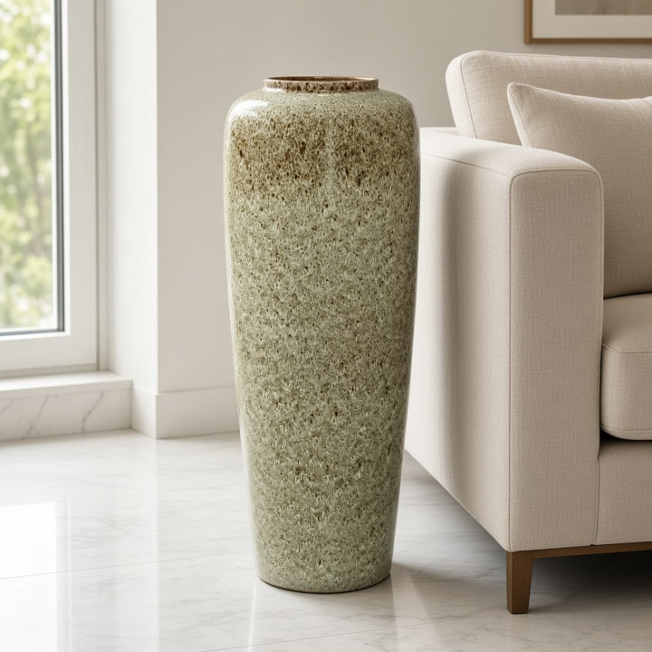 Olive green glazed ceramic floor vase front view