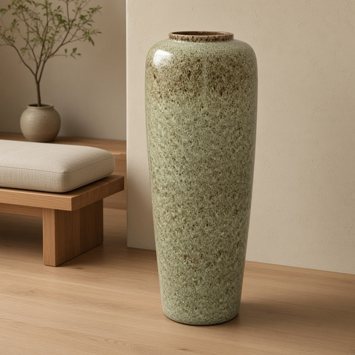 Bodenvase aus glasierter Keramik in Oliv Vorderansicht