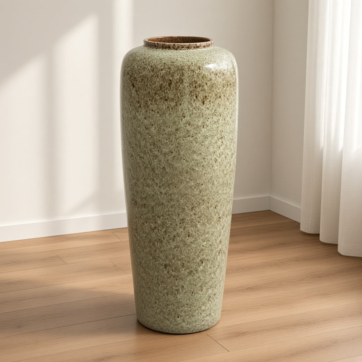 Olive green glazed ceramic floor vase front view