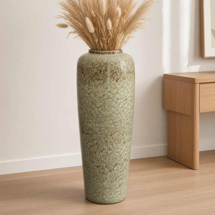 Front view olive green glazed ceramic floor vase