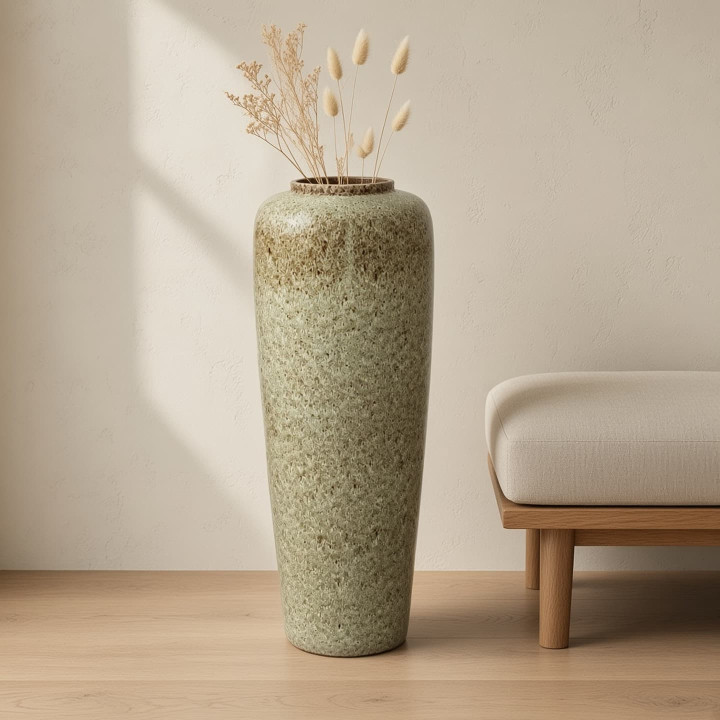 Glazed olive ceramic floor vase front view