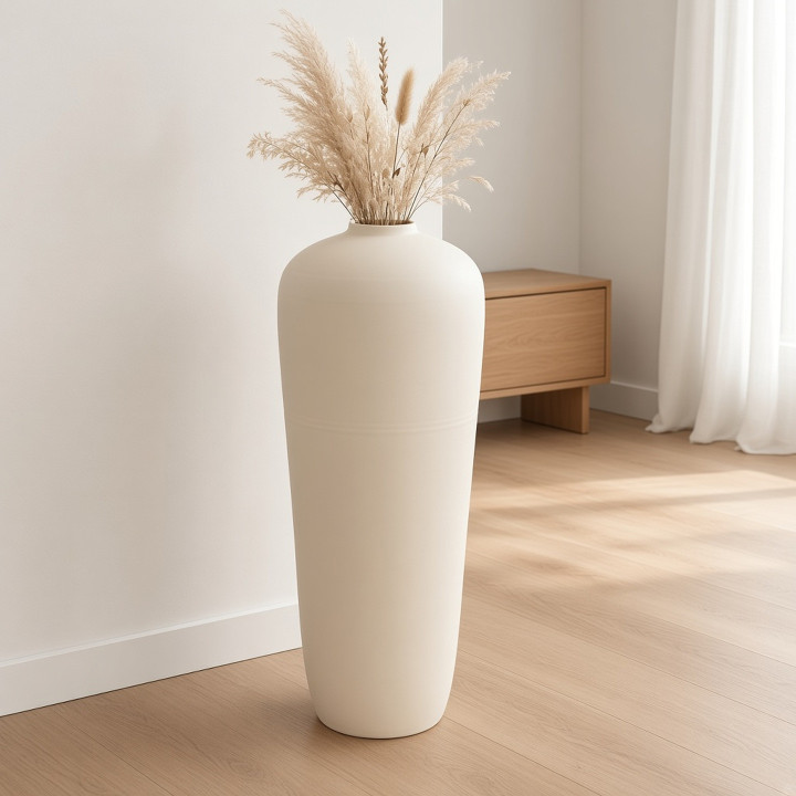 Matte beige terracotta floor vase front view