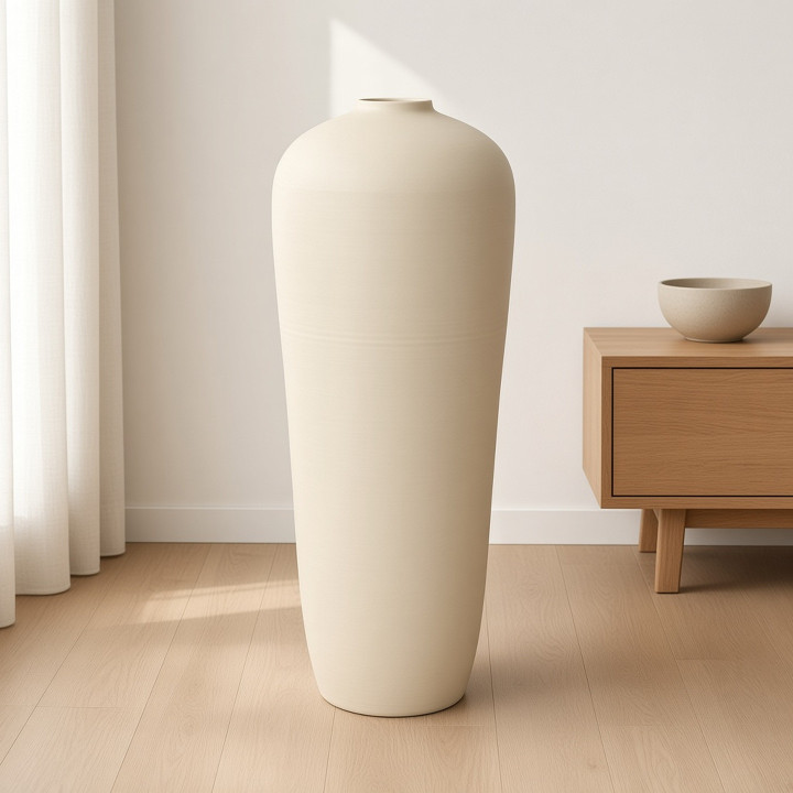 Matte beige terracotta floor vase front view
