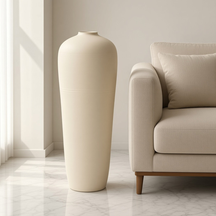 Vase de sol beige mat dans ambiance vue face