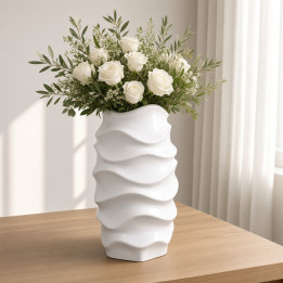 Modern White High-Gloss Glazed Ceramic Wavy Table Vase |