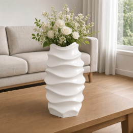 Large white wavy vase in glazed ceramic