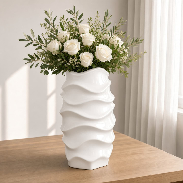 Large wavy vase with flowers front view