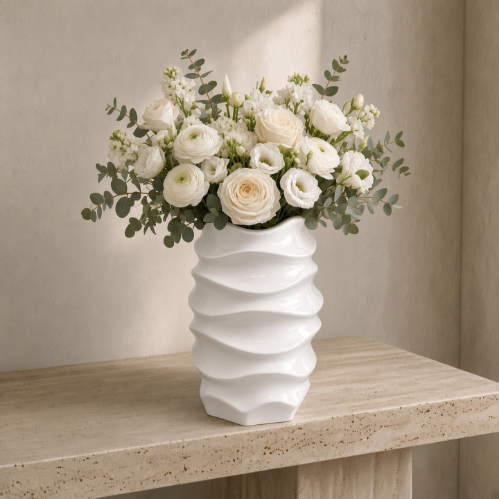 Vaso ondulato ceramica bianca media con fiori vista frontale