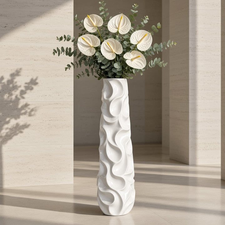 Vaso alto ceramica smaltata bianca fiori vista frontale