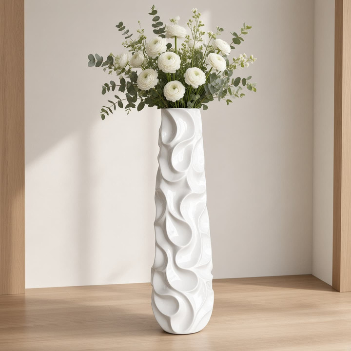 Grand vase goutte ceramique emaillee blanche avec fleurs vue face